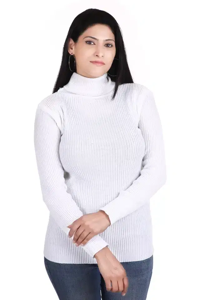 Full Sleeves High Neck Sweater for Women (White, S)