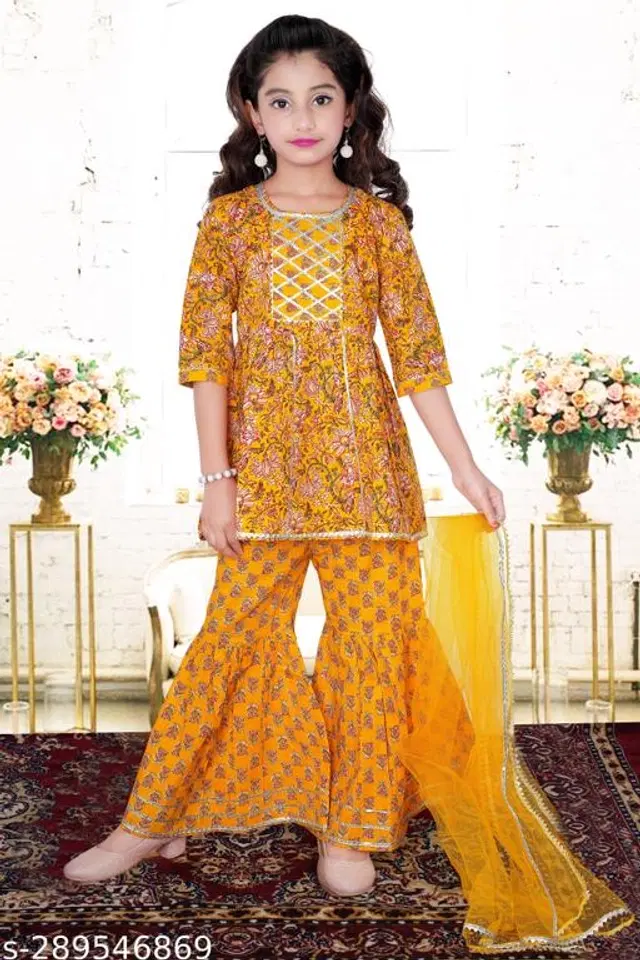 Poly Silk Kurta Sets for Girls (Yellow, 2-3 Years)