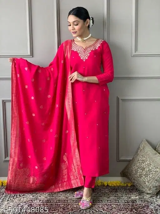 Embroidered Jute Silk Kurta Set for Women (Pink, M)