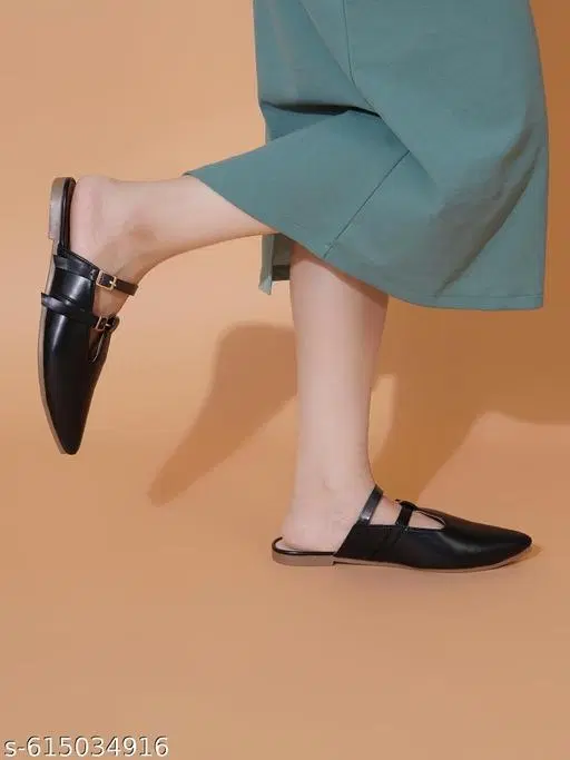 Solid Synthetic Ballerinas for Women (Black, IND-4)