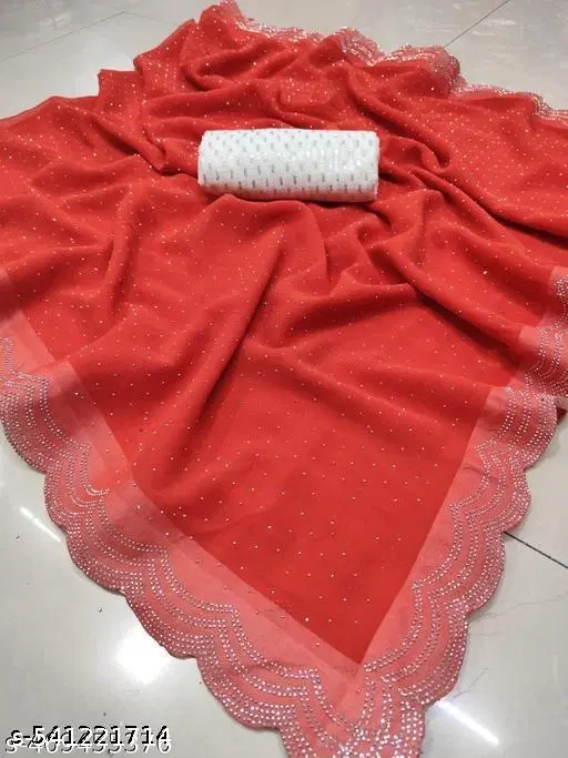 Georgette Solid Saree For Women, Red