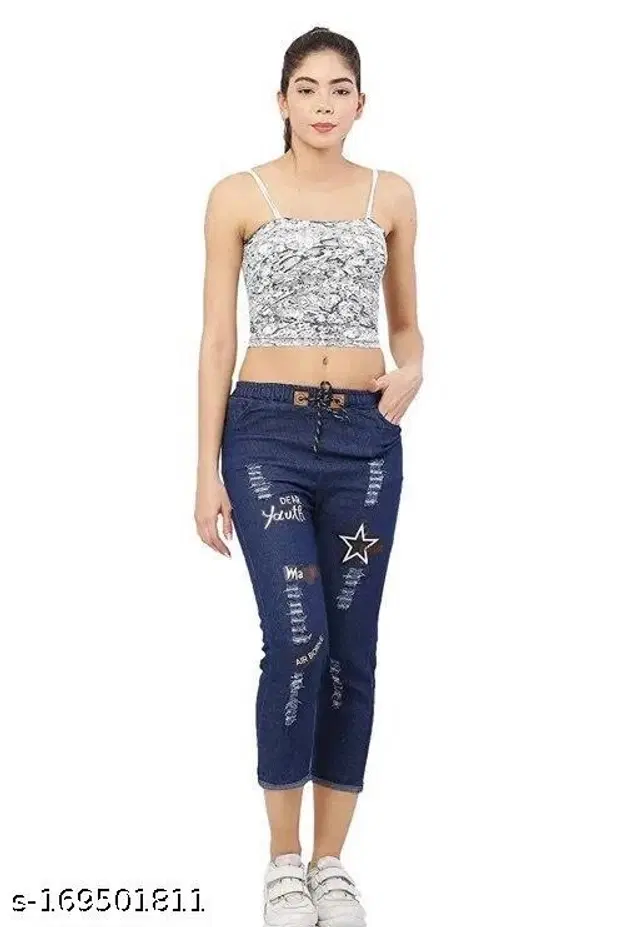 Denim Printed Jeans for Girls (Navy Blue, 13-14 Years)