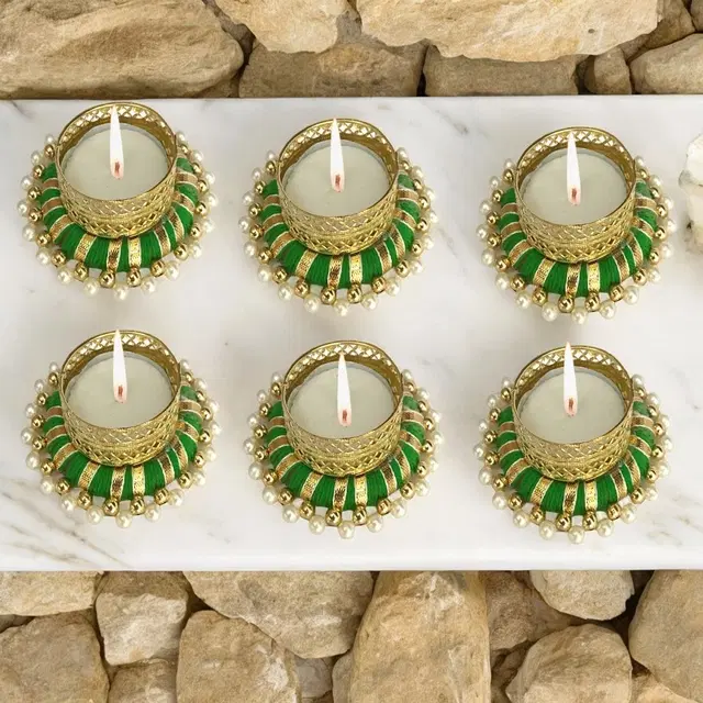 Metal Designer Tealight Candle Holder, Green, 7.8x7.8x3 cm, Pack of 6