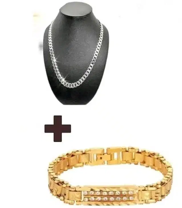 Designer Chain with Bracelet for Men & Boys, Set of 2 (Gold & Silver)