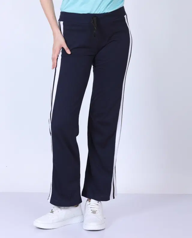 Cotton Striped Trackpant for Women (Navy Blue, M)