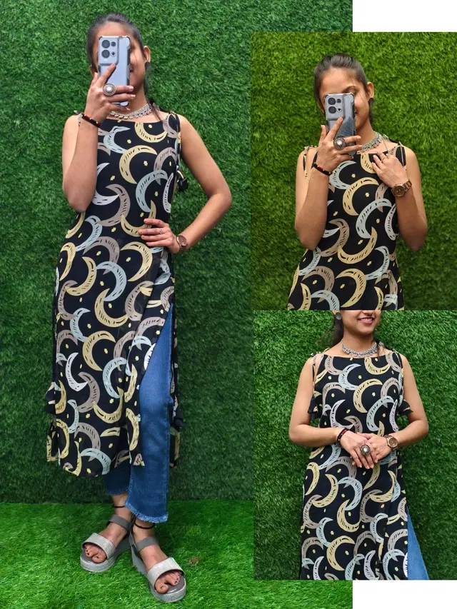 Side Cut Georgette Kurti for Women (Black, XS)