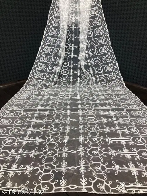 Botanical Embroidered Net Dupatta for Women (White, Free Size)