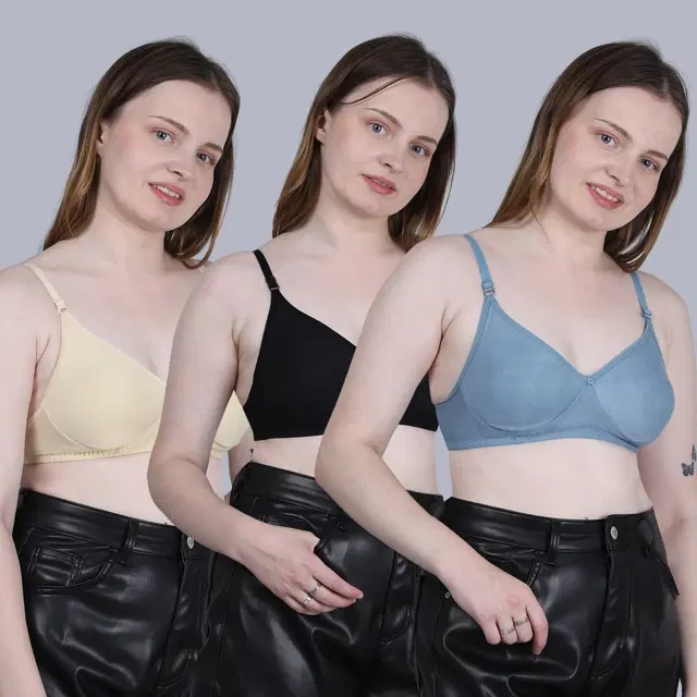 Cotton Non-Padded Bra for Women, Multicolour, Pack of 3 (32B)