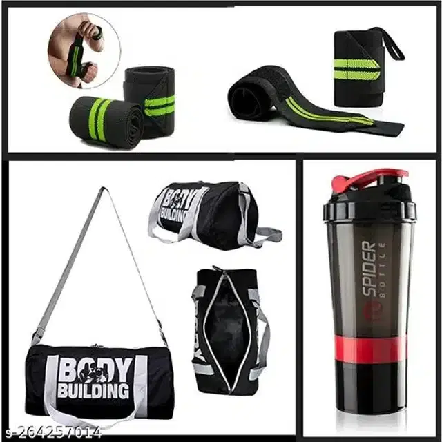Combo of Gym Bag with Shaker Bottle, 400 ml, Wrist Support Bands, Multicolor, Set of 3