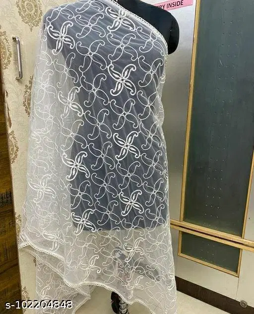 Embroidered Bandhani Net with Botanical Print (White, Free Size)