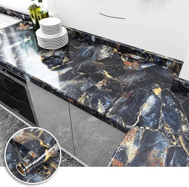 Decor Wallpaper for Home/Kitchen Black Marble Printed 45x200cm