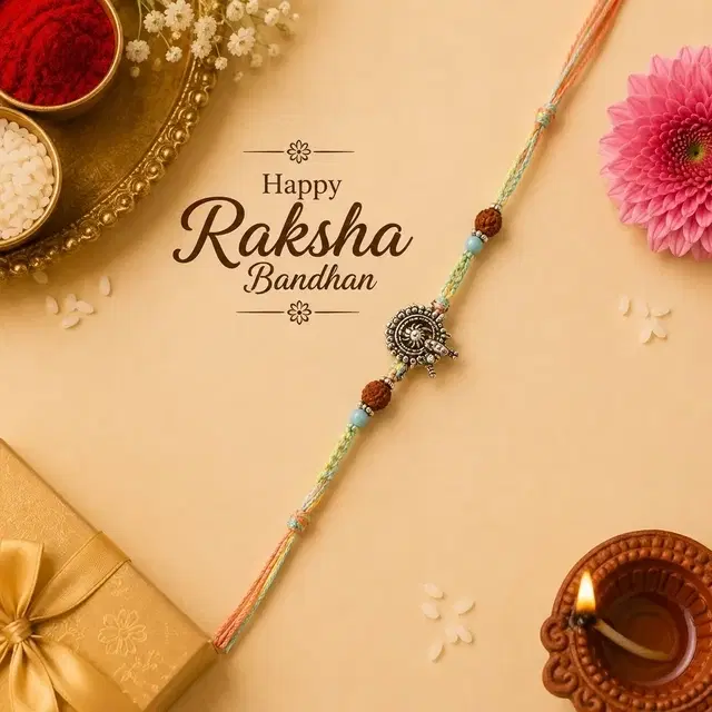 Designer Silver Finish Rakhi, Rudraksh
