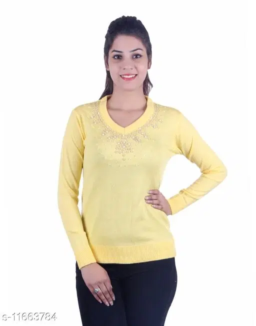 Acrylic Embellished Sweater for Women (Yellow, M)
