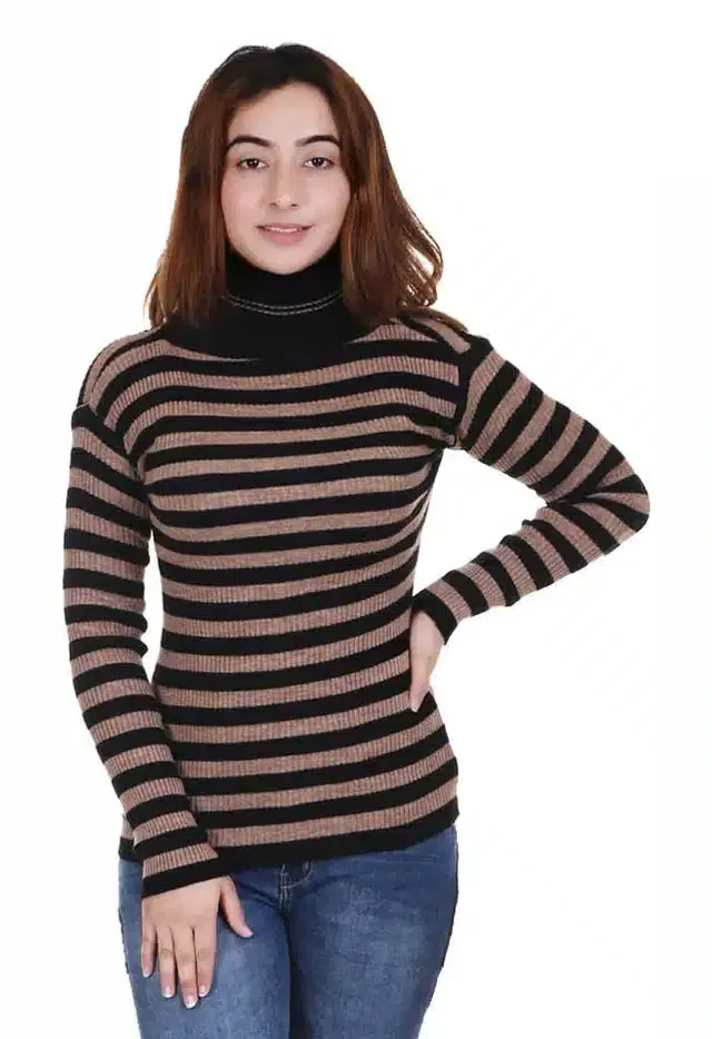 Full Sleeves Striped Sweater for Women (Brown, S)