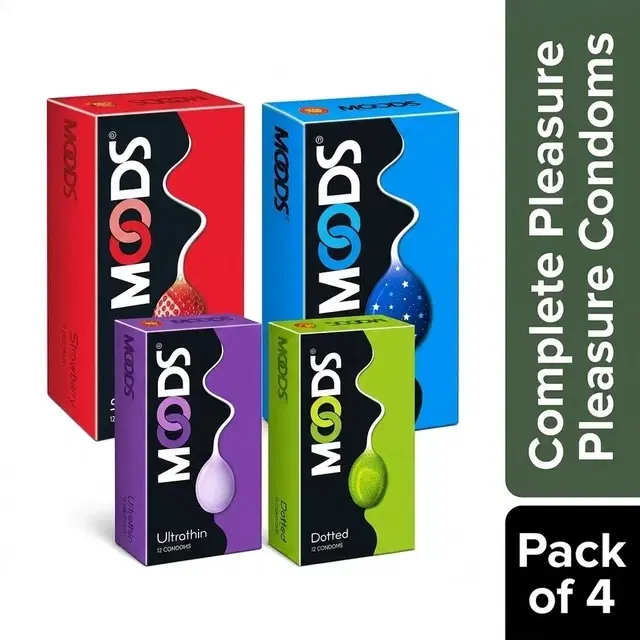 Moods Complete Pleasure Condom Combo Pack Ultra Thin, Dotted, Strawberry & Climax Delay [2 Sheets Each, Pack of 48 Condoms]