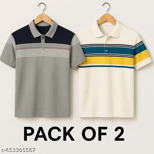 Cotton Blend Striped T-shirt for men, Multicolour (2XL) Pack of 2