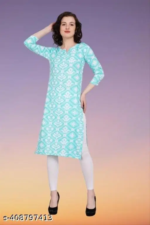 Poly Crepe Printed Kurti for Women, Blue (S)