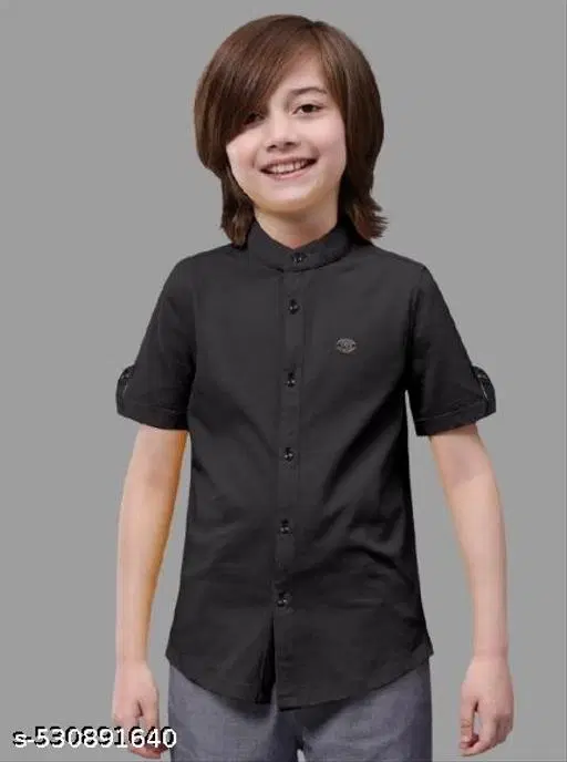 Solid Cotton Blend Mandarin Collar Short Sleeve Shirt for Boys (Black, 2-3 Years)