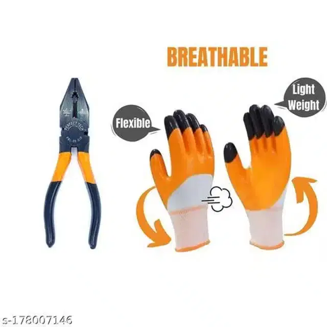 Safety Hand Gloves & Combination Plier, Set of 2, Orange & Black