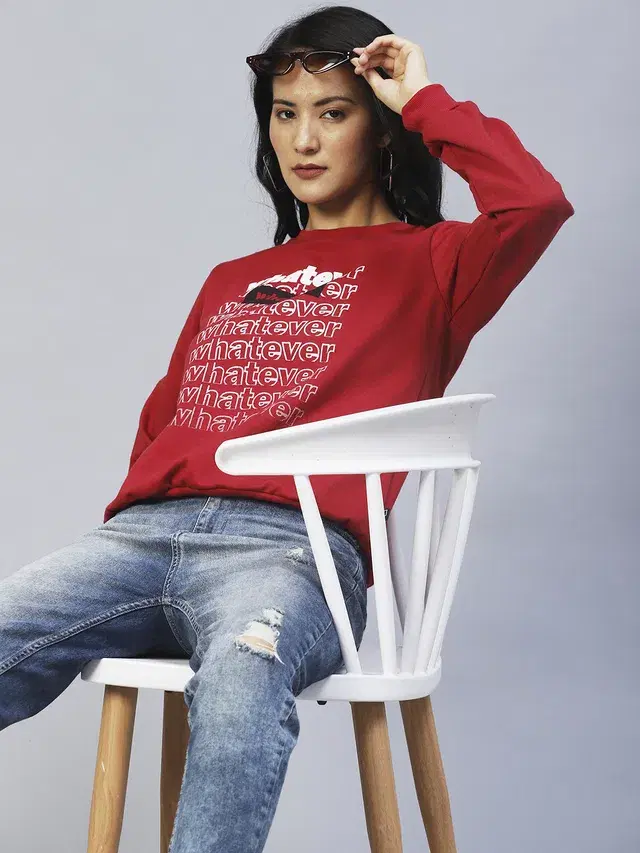 Women's Printed Round Neck Sweatshirt (Maroon, S)