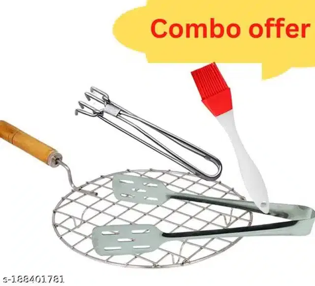Stainless Steel BBQ Grill with 2 Pcs Cooking Tong & Oil Brush, Red & Silver, Set of 4