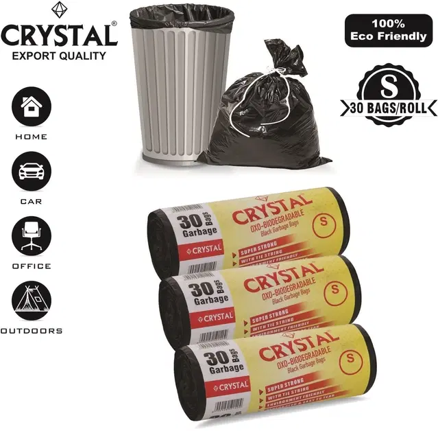 Crystal 30 Pcs Garbage Bags Rolls, Black, 20 L, Set of 3