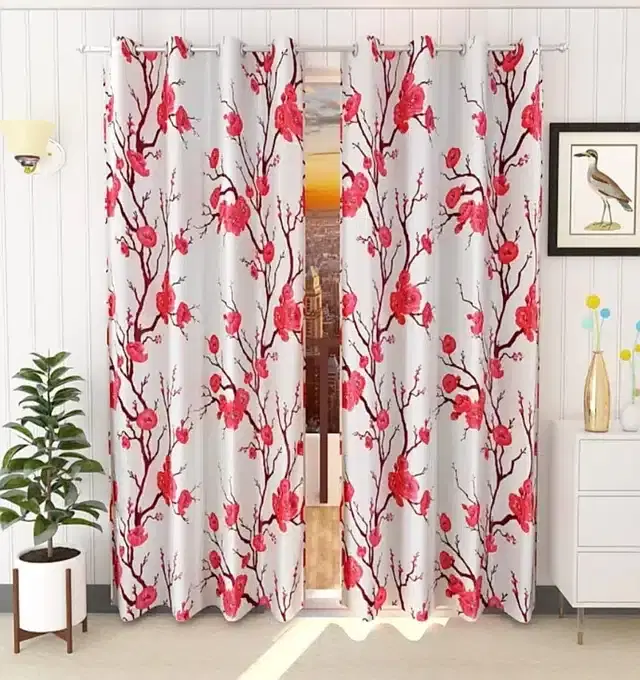 Polyester Printed Window & Door Curtains, Pack of 2, Red, 5 feet