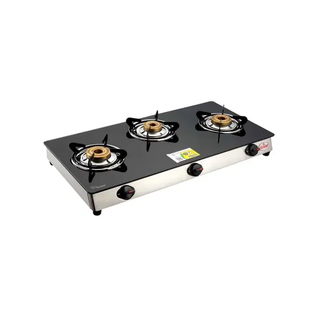 Glass ISI Certified 3 Burner Gas Stove, Black