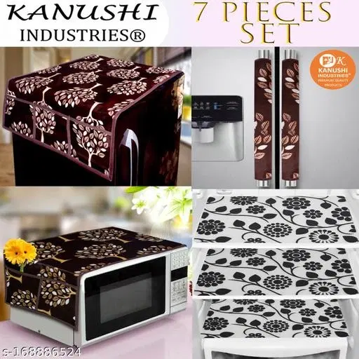 KANUSHI Industries® Fridge/Refrigerator Cove + 1 Pc microwave cover + 2 Pc handle cover + 3 pc Fridge Mats(FRI+MICRO+2-HDL-BROWN-TREE+M-3)