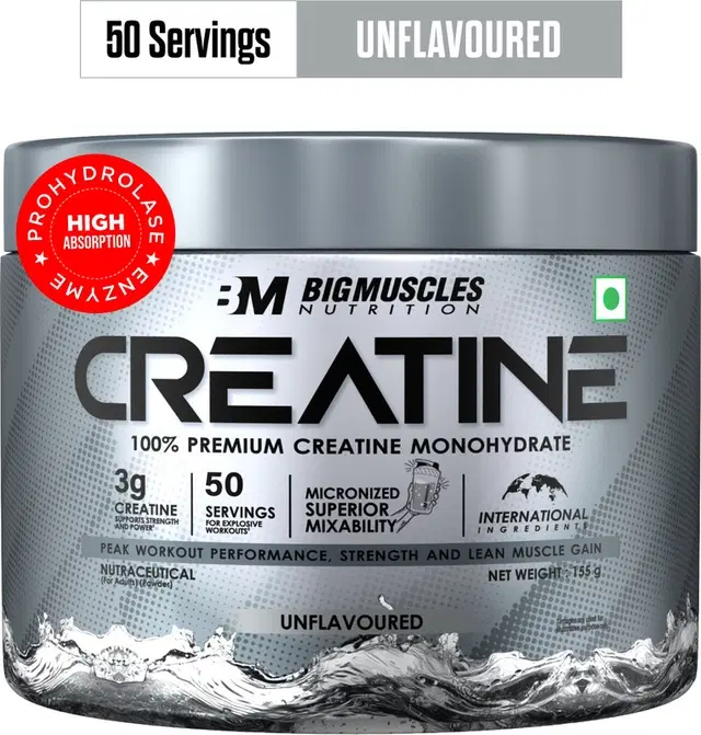 Bigmuscles Nutrition Creatine Monohydrate [50 Servings] | Supports Lean Muscle Building & Recovery Creatine 155 g, Unflavoured