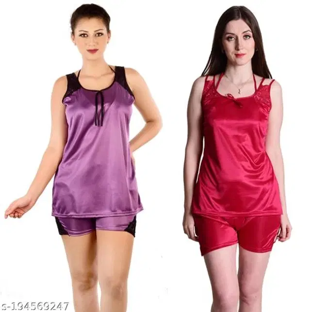 Satin Nightdress Set for Women, Set of 2 (Purple & Maroon, S)