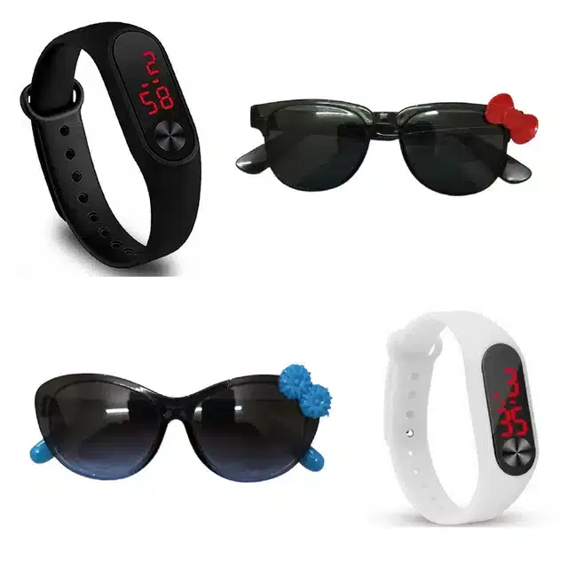 UV Protected Sunglass with Digital Watch for Boys & Girls, Set of 4 (Multicolor)