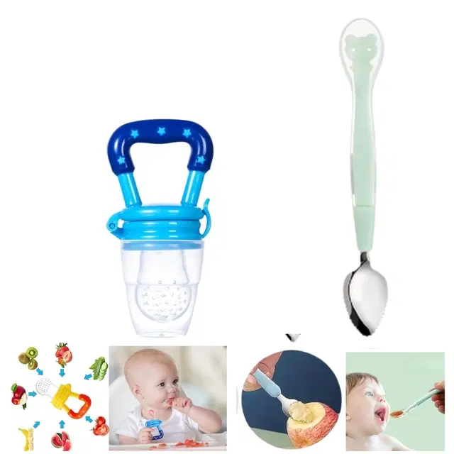 Combo of Silicone Double-Head Feeding Spoon & Fruit Nibbler for Baby, Multicolor, Set of 2