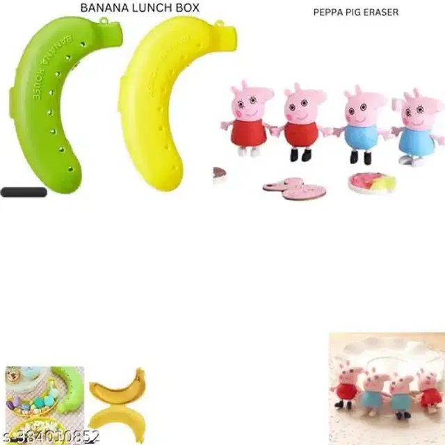 Plastic Banana Case Lunchbox for Kids, 2 Pcs with 4 Pcs Peppa Pig Theme Erasers, Multicolor, Set of 2