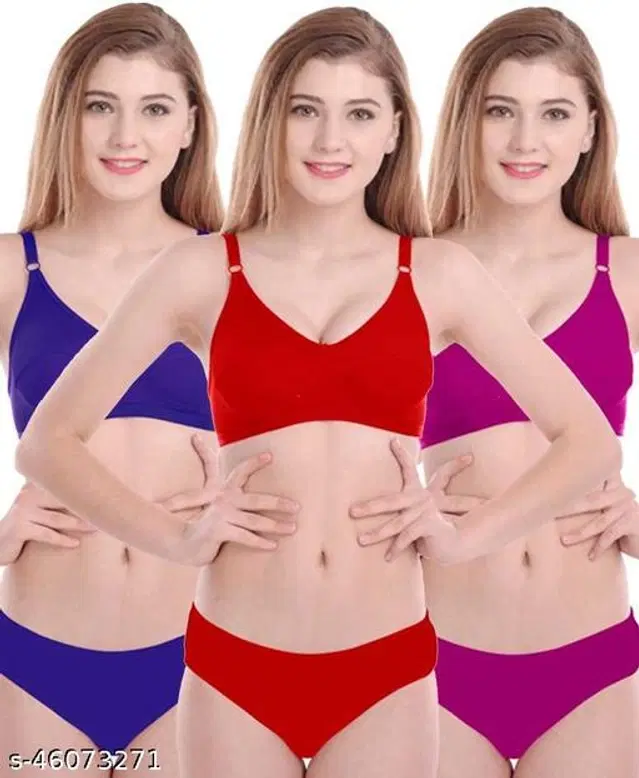 Cotton Blend Solid Lingerie Set for Women, Pack of 3 (Multicolor, 32A)