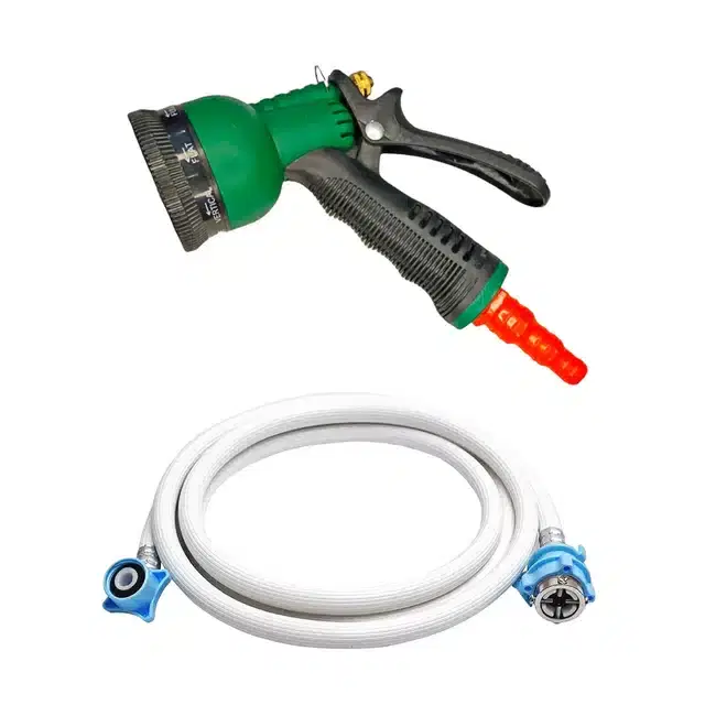 8-In-1 Garden Water Spray Gun & Fully Automatic Washing Machine Inlet Hose Pipe, Pack of 2, Green & White