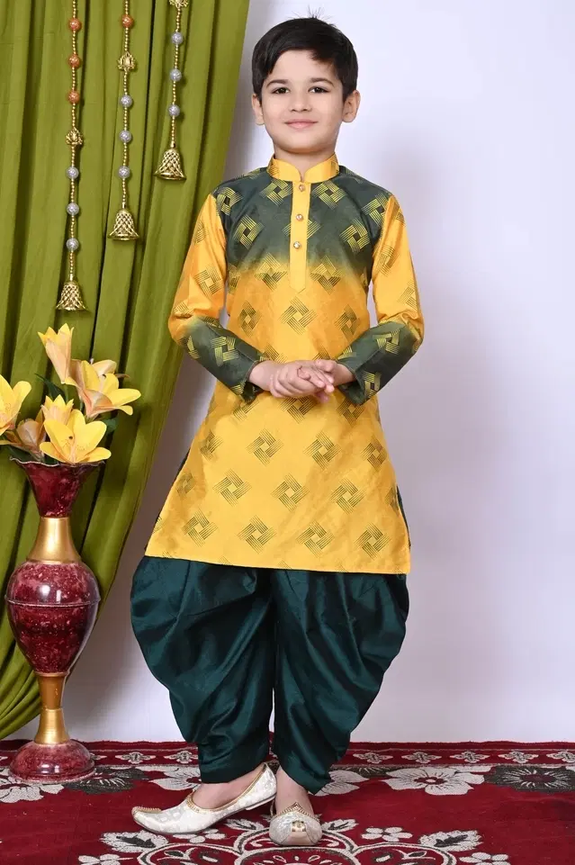 Dupion Silk Printed Kurta with Dhoti for Boys, Yellow & Green (6-12 Months)