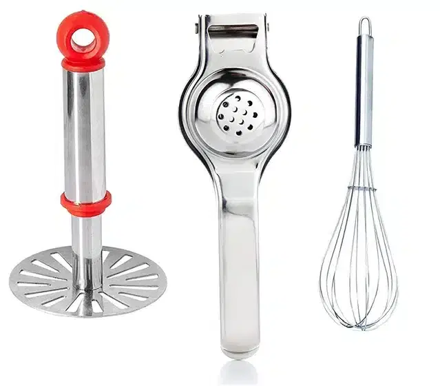 Combo Of Vegetables Masher, Egg Beater Whisk And Lemon Squeezer, Pack Of 3, Silver, Free Size, B73