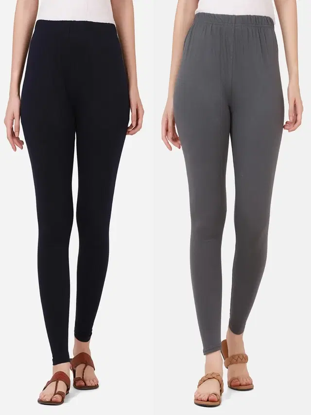 Cotton Solid Leggings for Women, Pack of 2 (Navy Blue & Grey, L)