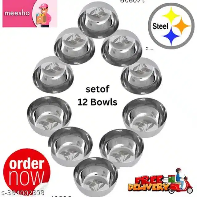 Stainless Steel Bowls, Silver, Pack of 12