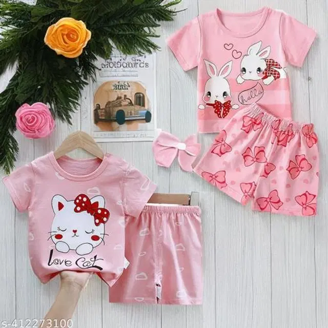 Cotton Clothing Set for Girls, Set of 2 (Pink, 0-1 Years)