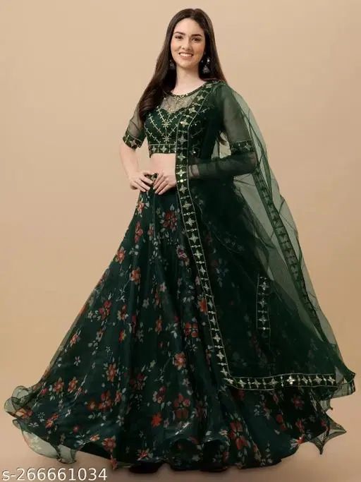 Lehenga Choli for Women (Green, Semi Stitched)