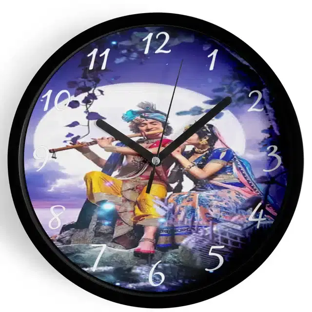 Analog Lord Krishna Wall Clock for Home, Black, 7 Inches