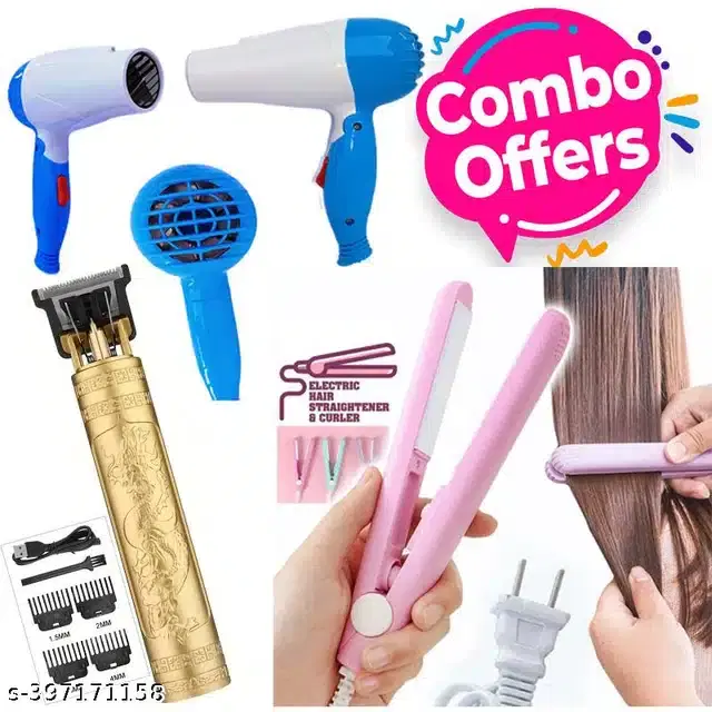 Combo of Hair Straightener with Dryer and Trimmer for Men & Women, Multicolor, Set of 3