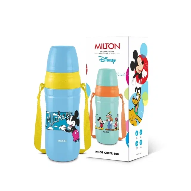 Milton Disney Kool Cheer 600 Plastic Insulated Thermo Water Bottle with Straw for School Kids I Food Grade, Leak Proof Lid with Hands free sipper, Easy to Carry Loop, Picnic, BPA Free, 520 ml, Sky Blue
