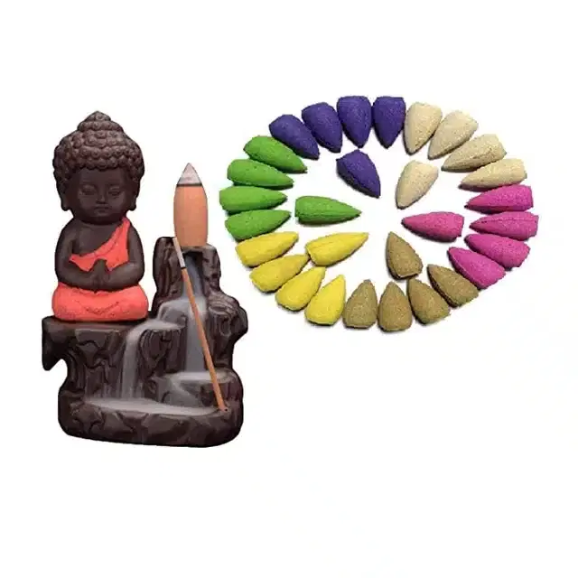 Lord Buddha Backflow Cone Incense Holder with 10 Scented Cones, Multicolor