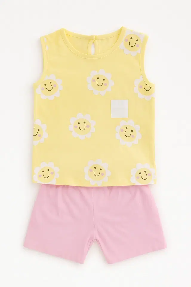 Cotton Printed Clothings Set for Girls, Yellow & Pink (12-18 Months)