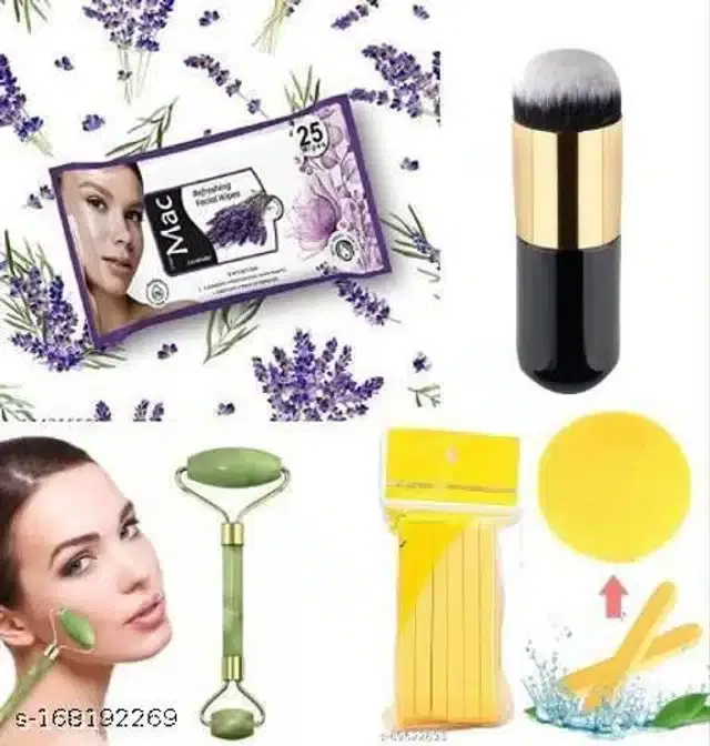 Set of 4 Combo of Face Wipes, Foundation Brush, Face Massager Roller & Sponge Puffs Sticks, Multicolor