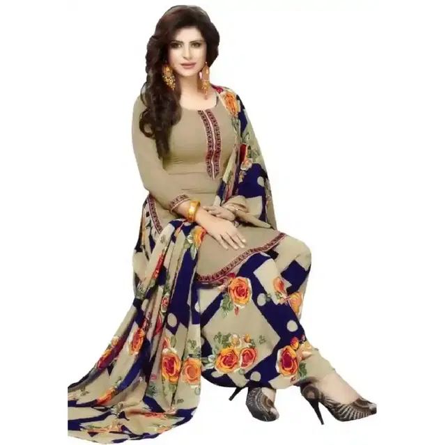Crepe Floral Print Unstitched Suit with Dupatta for Women, Beige