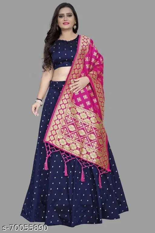Cotton Blend Lehenga Choli for Women (Blue, Free Size)